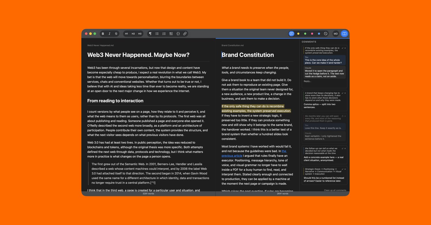 Markdown Mini app preview with a document and its comments panel