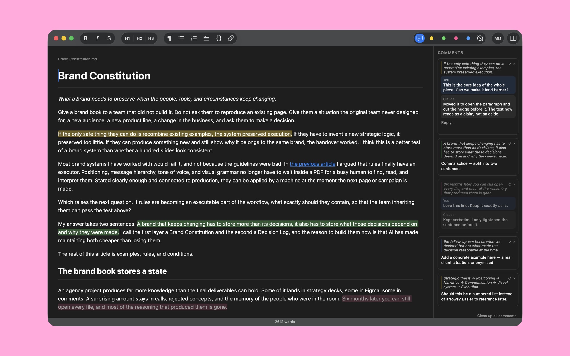 Markdown Mini with a document and its comment threads open in the side panel