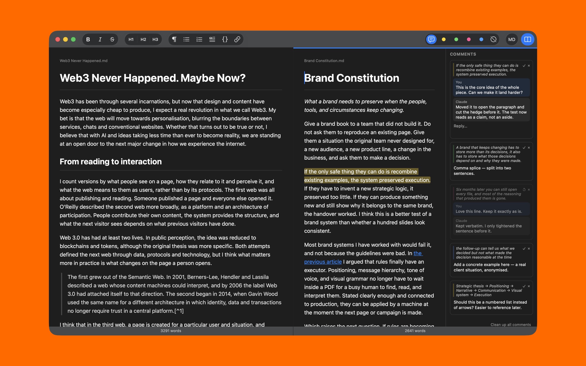 Two documents side by side, the right one with its comments panel open
